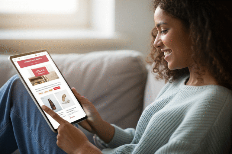 Mulher sorrindo segurando um tablet com uma newsletter de descontos