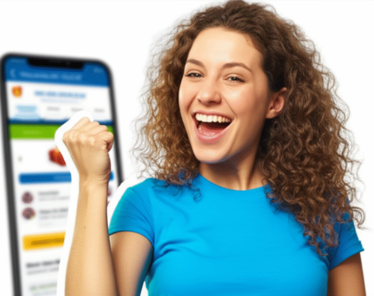 Mulher celebrando uma compra vantajosa com um aplicativo gamificado