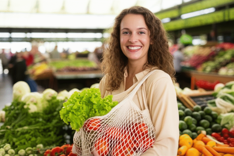Mulher sorrindo segurando sacola de compras reutilizável com vegetais orgânicos