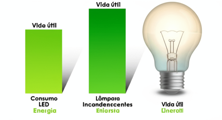 Comparativo visual entre lâmpada LED e lâmpada incandescente, mostrando o consumo de energia.