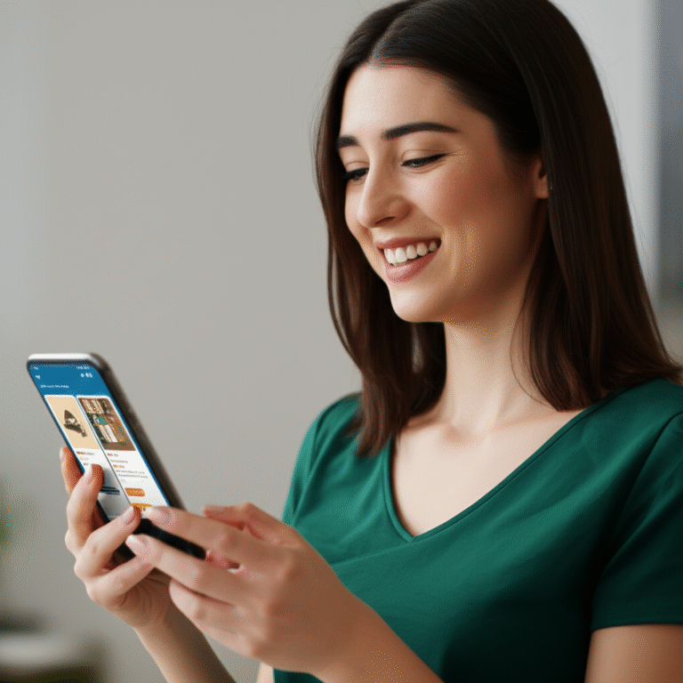 Mulher sorrindo olhando ofertas personalizadas em seu smartphone