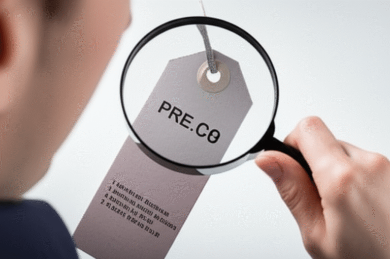 Pessoa analisando etiqueta de preço com lupa