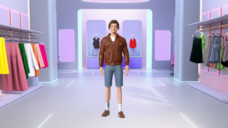 Avatar experimentando roupa virtual em loja no metaverso