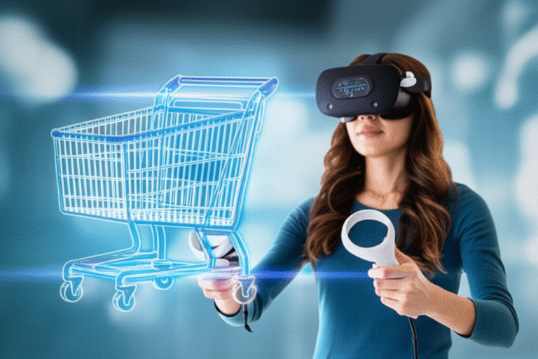 Mulher usando óculos VR em ambiente de metaverso com carrinho de compras virtual