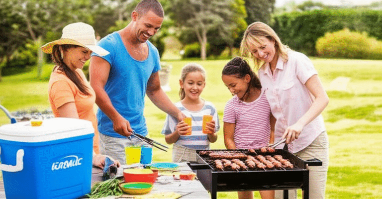 Família fazendo churrasco em um dia ensolarado de verão.