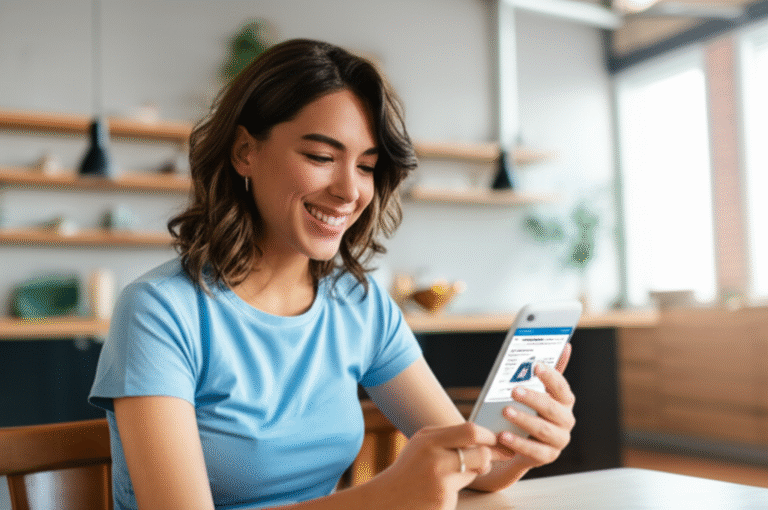 Mulher sorrindo olhando para o celular com notificação de oferta