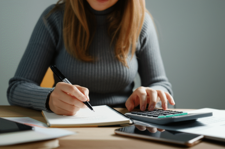 Mulher planejando compras em um caderno com calculadora ao lado.