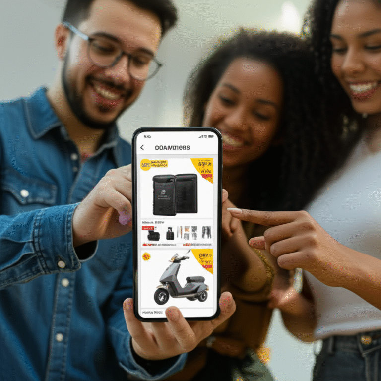Pessoas comparando preços em um smartphone.