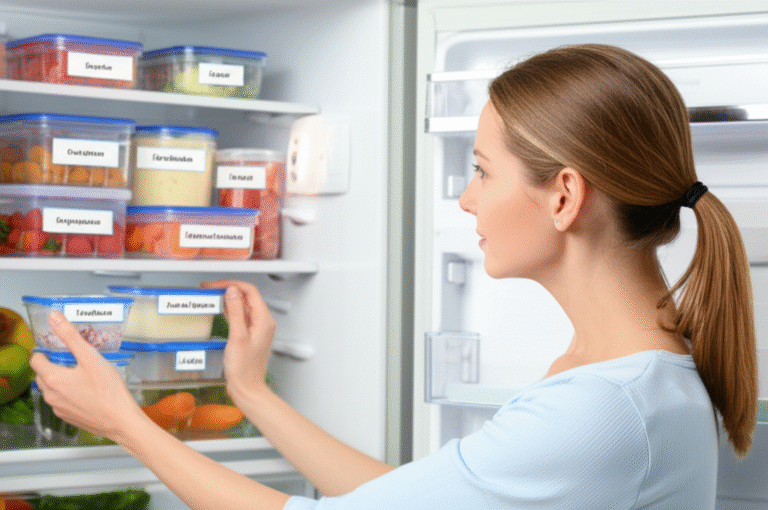 Mulher organizando alimentos na geladeira com etiquetas.