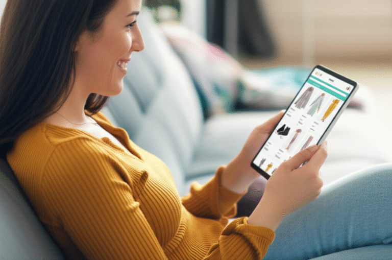 Mulher sorrindo usando tablet para compras online personalizadas com IA