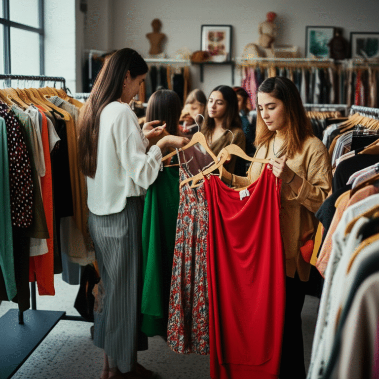 Pessoas trocando roupas em um brechó