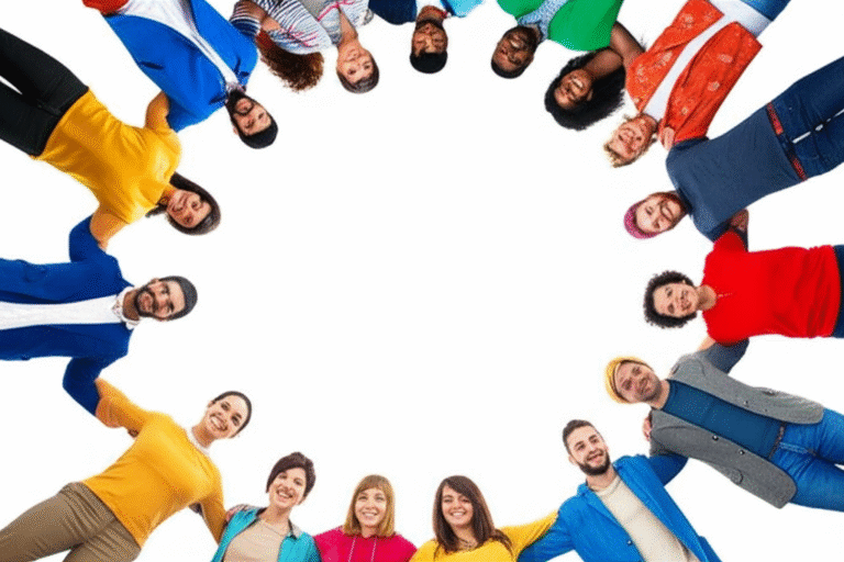 Pessoas unidas formando um círculo, representando a colaboração.