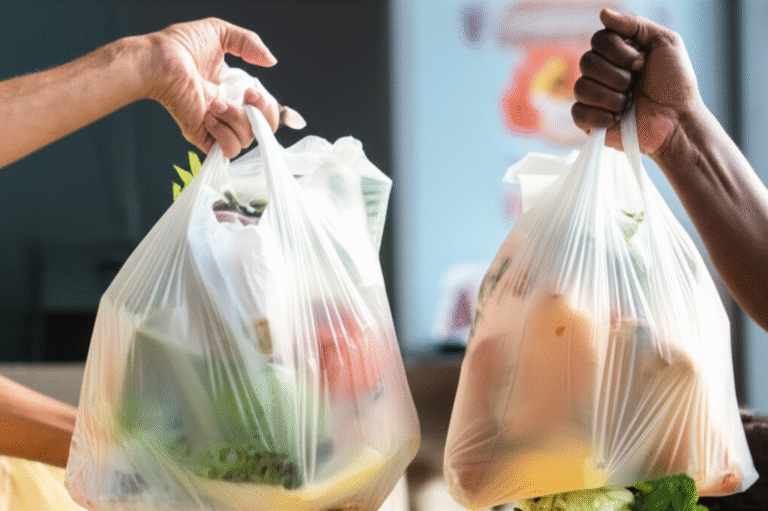 Mãos doando alimentos em campanha solidária.