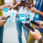 Pessoas conectadas através de uma plataforma colaborativa em seus smartphones.