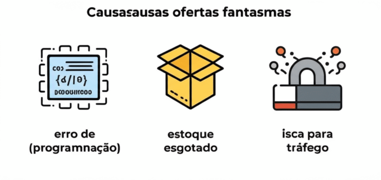 Diagrama mostrando as causas das ofertas fantasmas: Erro de programação, Estoque esgotado, Isca para tráfego.