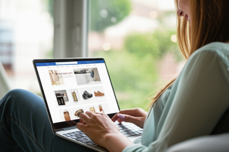 Mulher sorrindo comprando online em diferentes países