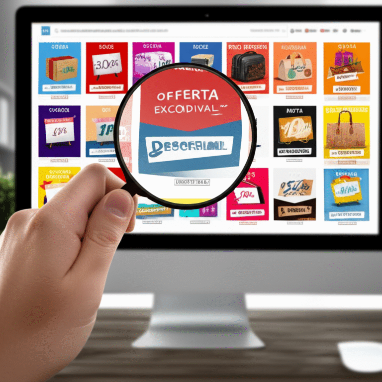 Mão usando lupa para procurar ofertas escondidas em um site.