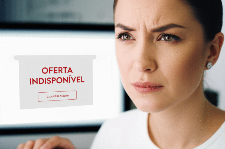 Mulher frustrada olhando para tela de computador com oferta indisponível.