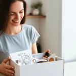 Mulher abrindo caixa de assinatura com um sorriso.