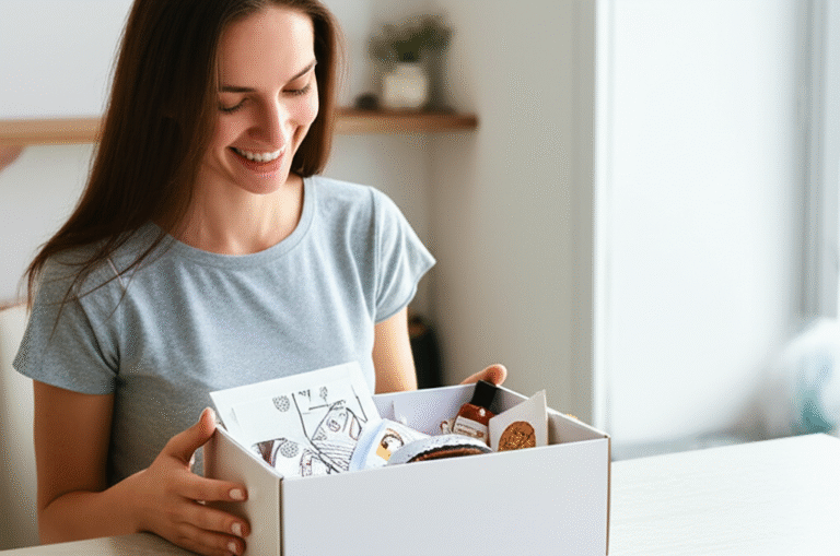 Mulher abrindo caixa de assinatura com um sorriso.