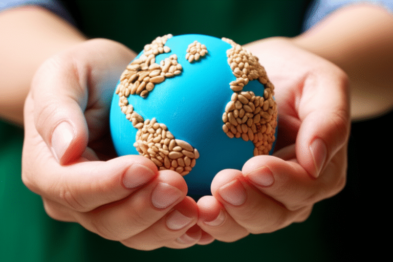 Mãos segurando um planeta Terra feito de sementes